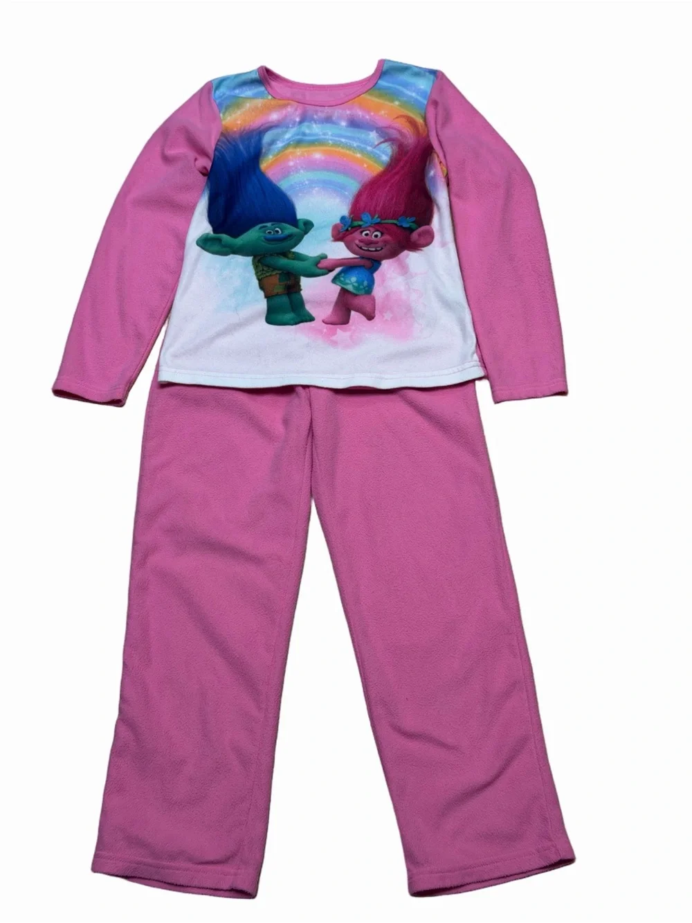 DreamWorks Trolls Girls 7/8 Pink Fleece Pajama Set Poppy Branch Rainbow 2pc
